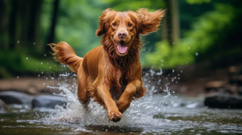 Joyful Golden Retriever Dog Running in River - Majestic Moment