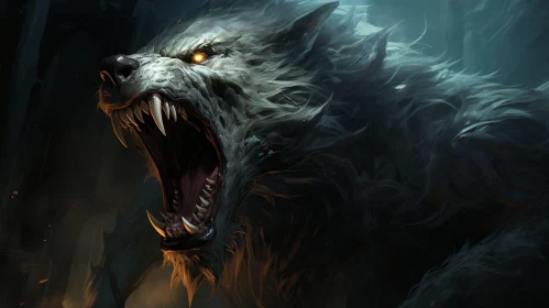 Menacing Wolf in Dark Forest - Digital Painting