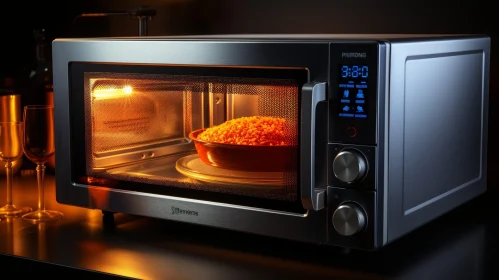Modern Microwave Oven with Food Heating and Wine Glasses