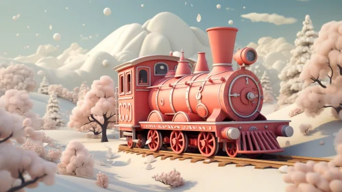 Pink Steam Train in Snowy Forest 3D Rendering