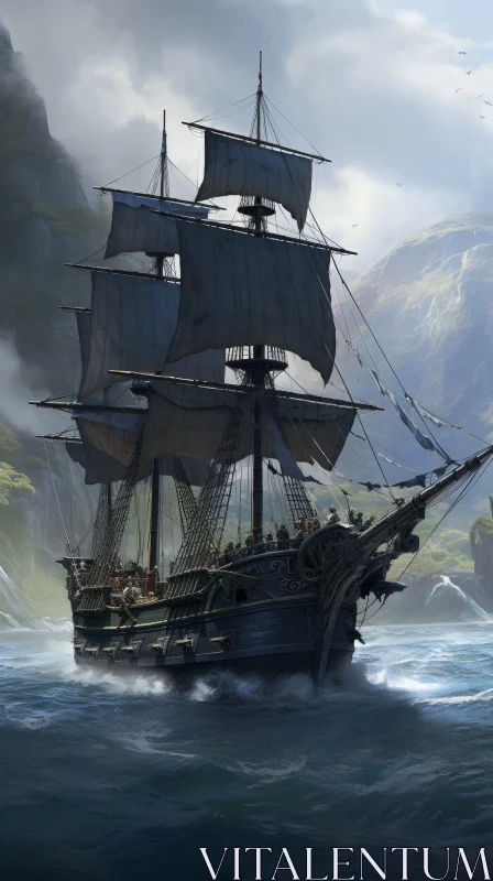 Pirate Ship Sailing on Rough Sea - Digital Painting Adventure AI Image