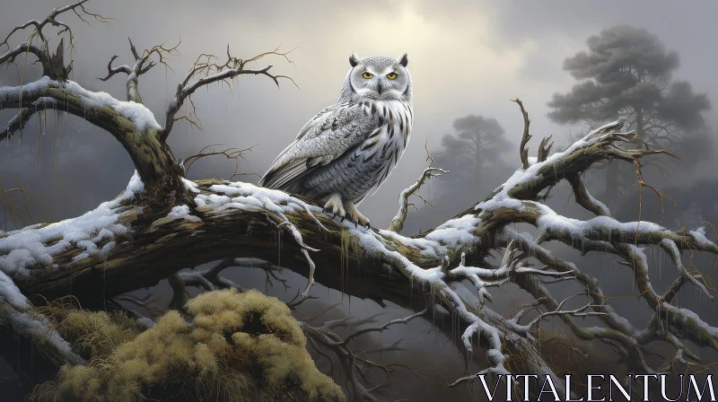 Snowy Owl on Branch in Winter Forest Painting AI Image