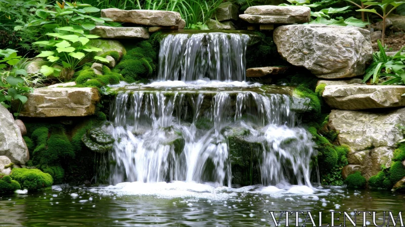 Tranquil Garden Waterfall: Serene Nature Scene AI Image