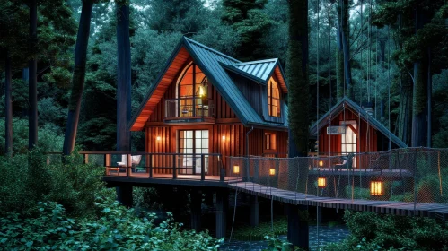 Tranquil Night View of Wooden Treehouses Connected by Bridge