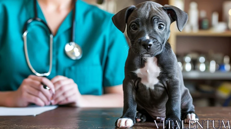 Veterinarian Examining Small Black Puppy AI Image