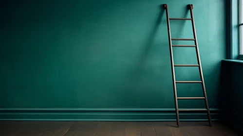 Weathered Wooden Ladder Against Dark Green Wall