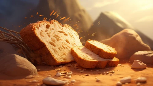 Bread on Rocky Terrain: Warm Sunlight and Mountain Landscape