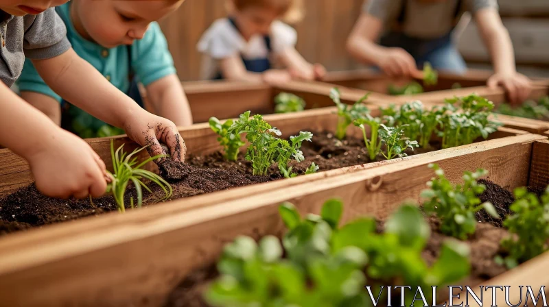 Children Planting Seedlings in Wooden Box - Teamwork Image AI Image
