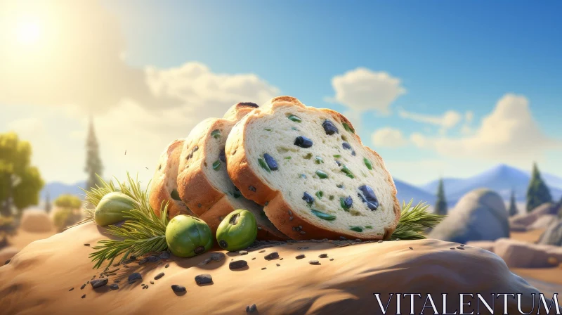 Golden-Crusted Bread and Olives on Rock in Mountain Landscape AI Image