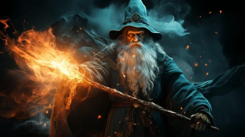 Mystical Wizard Painting with Fire Background