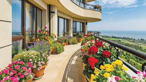 Scenic Balcony View of Sea and Colorful Flowers