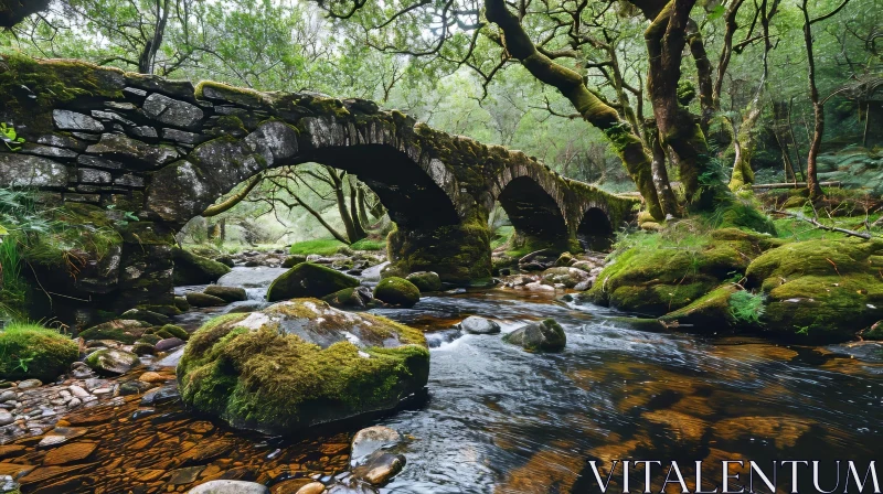 AI ART Serene Stone Bridge over River in Lush Forest