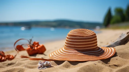 Tranquil Beach Scene with Straw Hat and Seashell