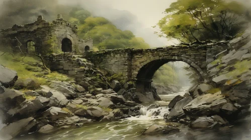 Tranquil Watercolor Painting of Stone Bridge in Forest