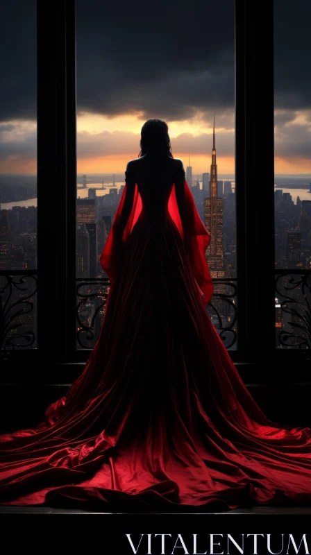 Woman in Red Dress Looking at Cityscape AI Image