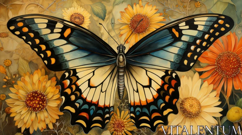 AI ART Blue and Yellow Butterfly on Flower Painting
