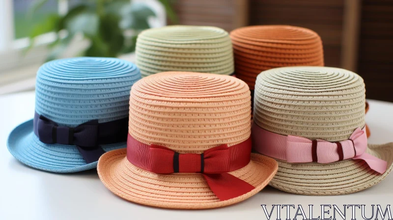 Colorful Straw Hats on White Table AI Image