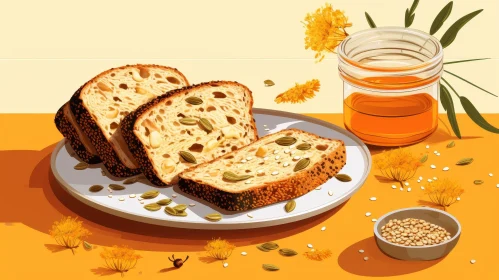 Delicious Still Life: Plate of Bread and Jar of Honey