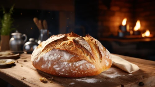 Golden-Brown Crust Loaf of Bread on Wooden Table