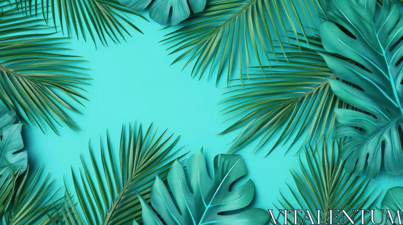 Green Tropical Leaves on Turquoise Background AI Image