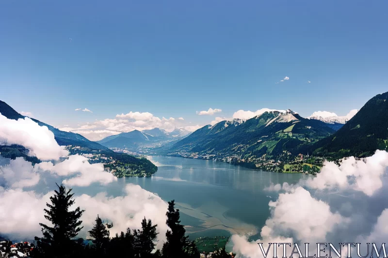 Majestic Mountains and Tranquil Lakes: A Captivating Urban Fairy Tale AI Image