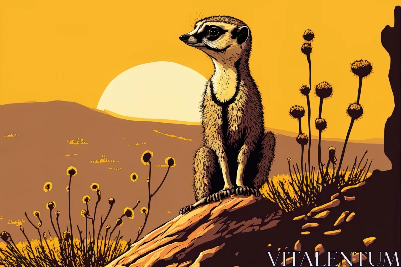 Meerkat Sitting on Rocks Overlooking a Sunset - Pop Art Inspired AI Image