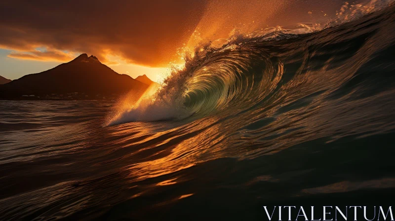 Powerful Wave Crashing at Sunset AI Image