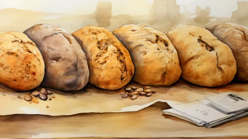 Realistic Watercolor Painting of Still Life with Bread and Nuts