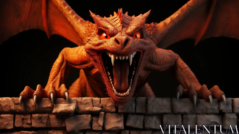 AI ART Red Dragon on Stone Wall