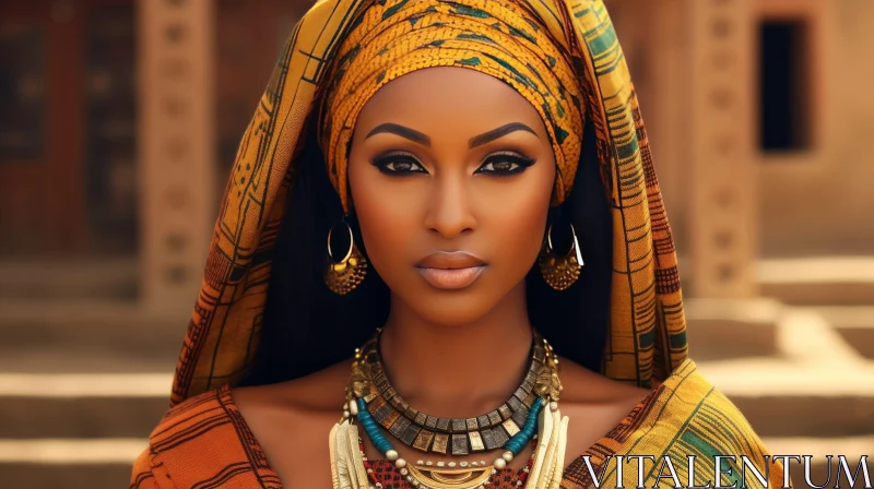 AI ART Serious African Woman with Traditional Headscarf and Jewelry