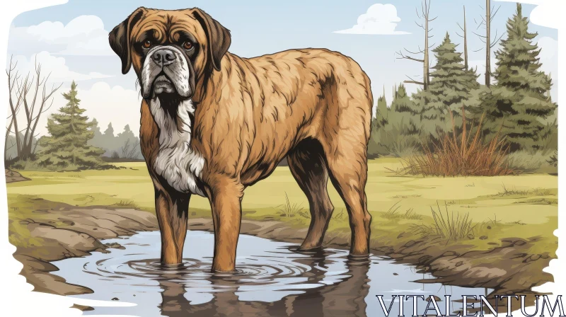 AI ART Serious Boxer Dog in Forest Puddle