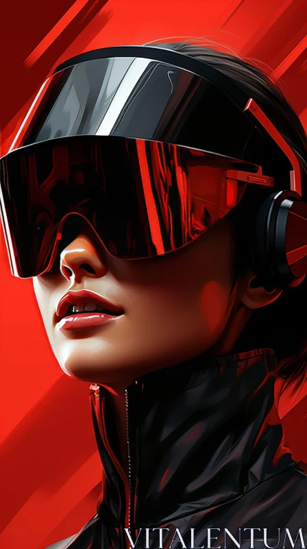 Serious Young Woman in Futuristic Visor and Headphones AI Image