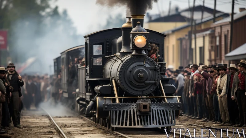 Vintage Steam Locomotive Approaching Crowd AI Image