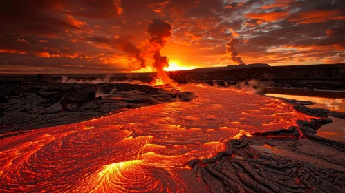 Volcano Eruption at Sunset | Lava Flow Nature Image