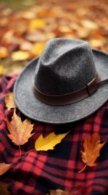 Autumn Hat on Checkered Blanket with Leaves
