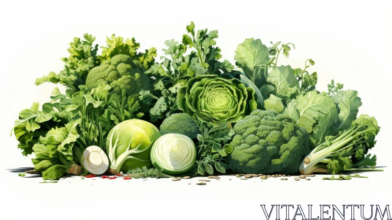 AI ART Fresh Green Vegetables Pile on White Background