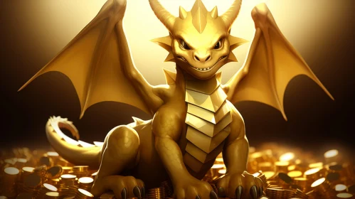 Golden Dragon on Gold Coins - 3D Fantasy Art