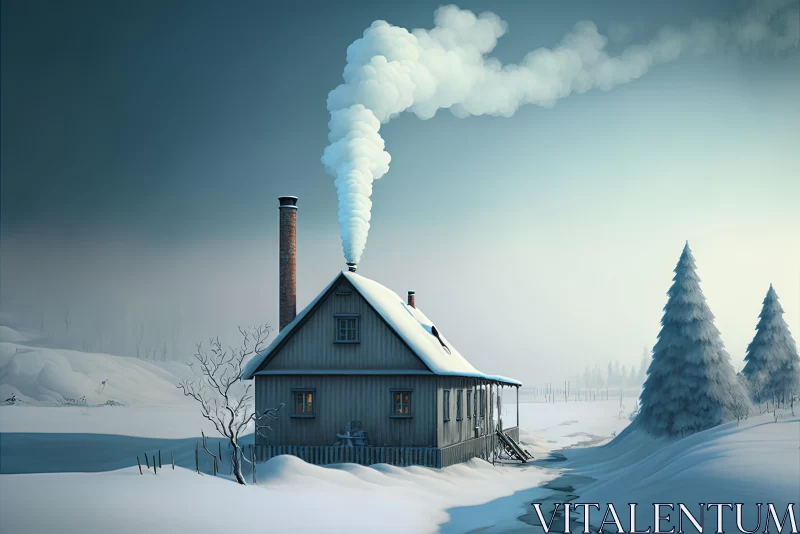 Snow-Covered House with Chimney | Nostalgic Digital Art AI Image