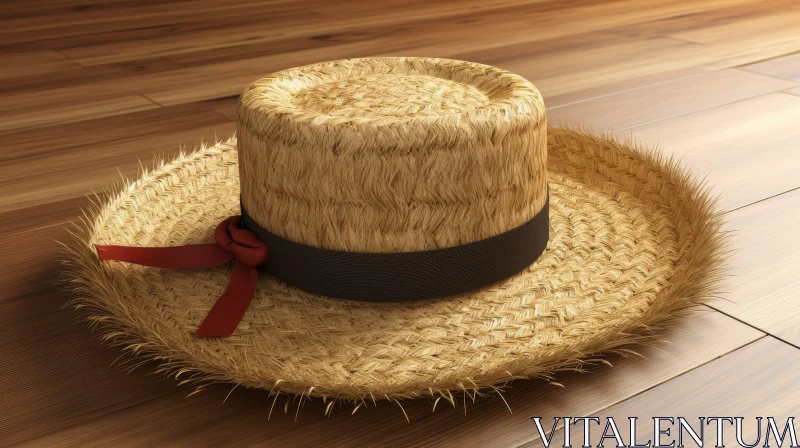 AI ART Stylish Straw Hat with Red Ribbon on Wooden Background