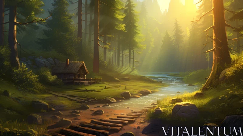 Tranquil Forest River Scene with Sunlight AI Image