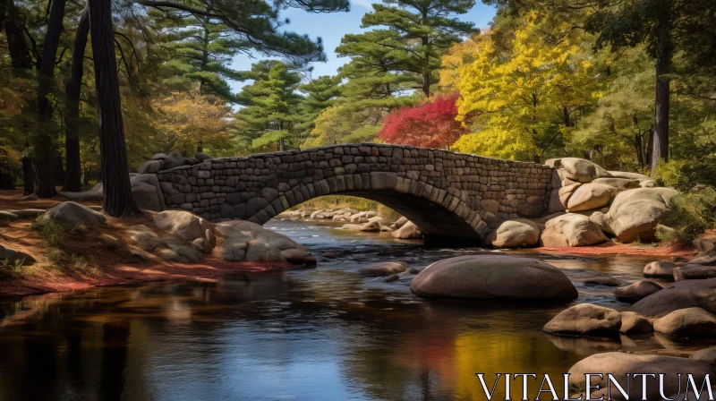 AI ART Tranquil Stone Bridge Over River with Blooming Trees