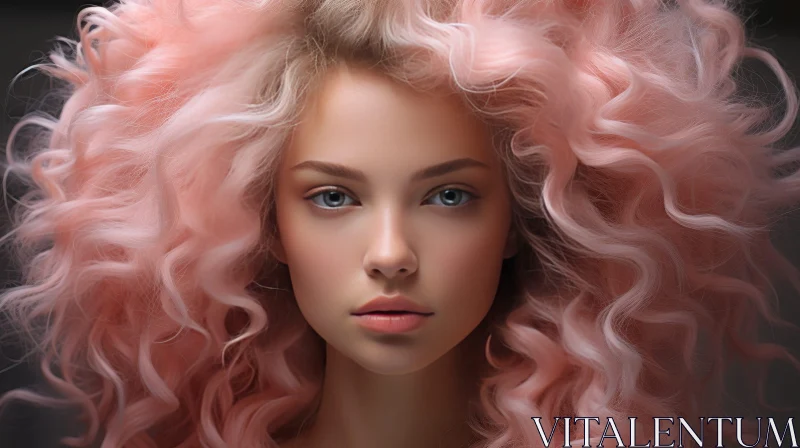 Young Woman Portrait with Wavy Pink Hair AI Image