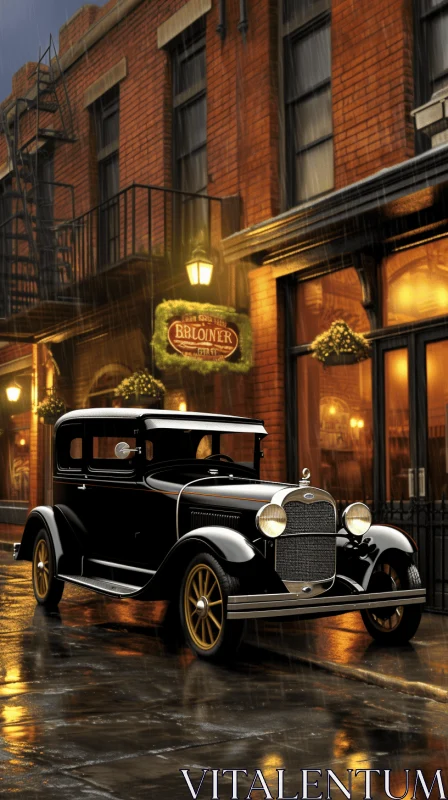 Antique Car Parked by Brick Building - Captivating Artwork AI Image