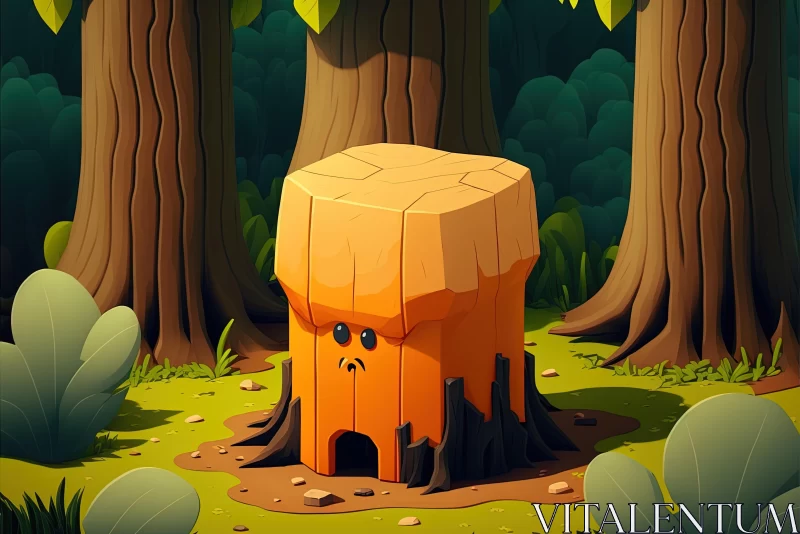 Blocky Cartoonish Stump Illustration in the Woods AI Image