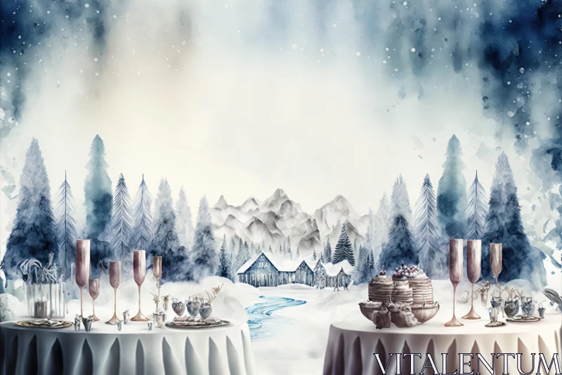Charming Winter Landscape Wedding and Table Backdrop in Blue and Purple AI Image