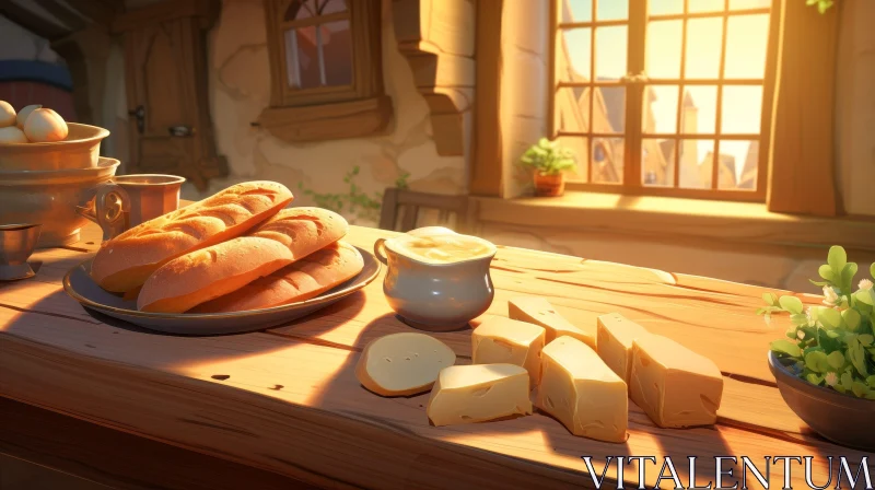 Cozy Wooden Table Setting with Bread and Cheese AI Image