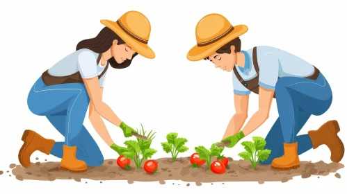 Harvesting Vegetables in Garden - Cartoon Style