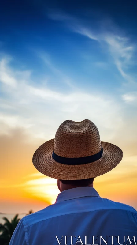 Man in Straw Hat Watching Sunset over Ocean AI Image