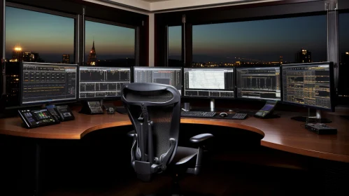 Modern Workplace with Computer Monitors and City View