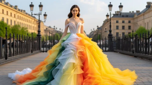 Rainbow-Colored Dress Woman on Bridge at Sunset